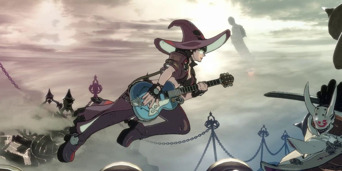 I-No flying soaring through the sky while playing her guitar in Guilty Gear -Strive-
