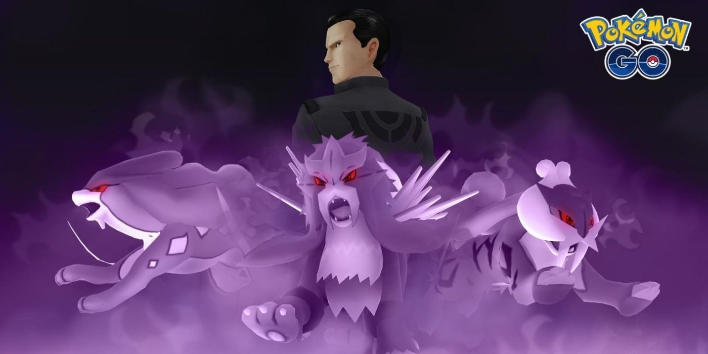 Image of Giovanni surrounded by Shadow Legendary Pokemon with Pokemon GO Logo in top left corner