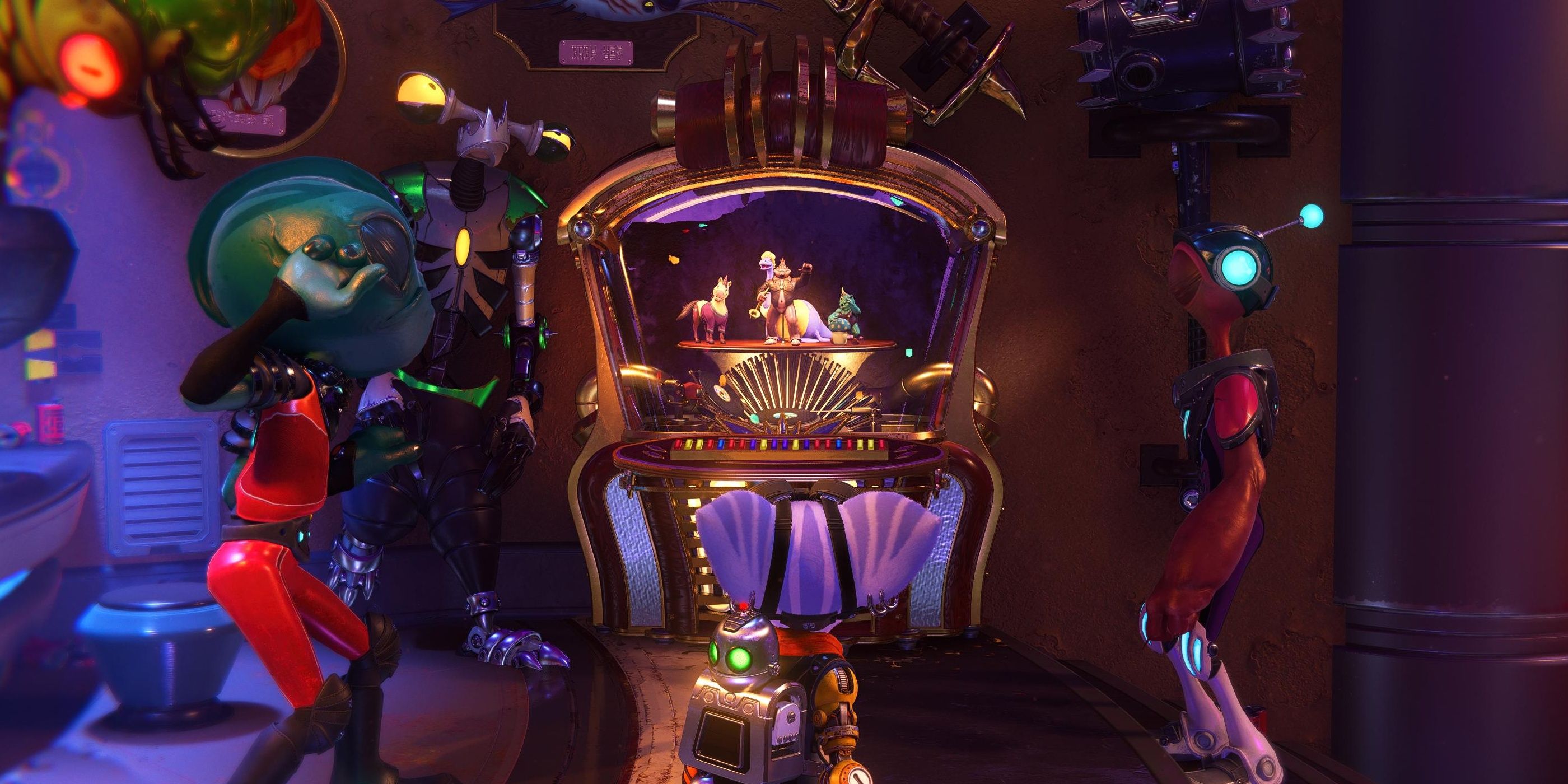 A shot of the Jukebox in Ratchet and Clank: Rift Apart with NPCs and Rivet gathered around it.