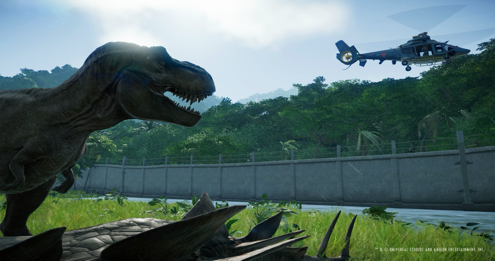 T-Rex looking at a helicopter