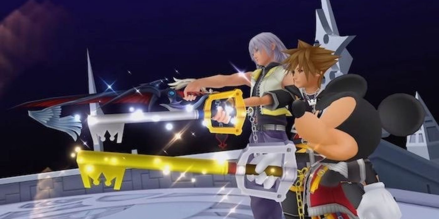 Kingdom Hearts - Riku, Mickey, and Sora holding Keyblades
