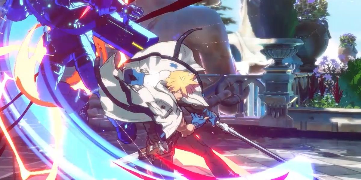 Ky Kiske performing a devastating Overdrive attack, electrifying his opponent with the slash of his sword, creating a gorgeous blue strike in Guilty Gear -Strive-