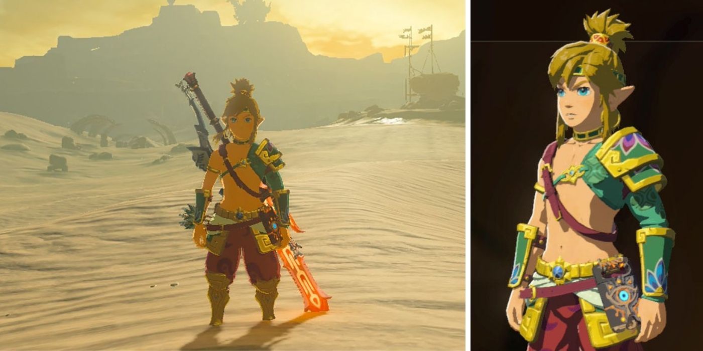 Legend of Zelda Breath of the Wild Desert Voe Set (Armour) - Split Image with Link Wearing Desert Voe Armour Set on both sides