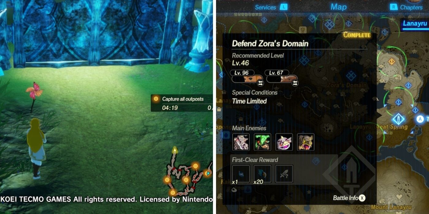 Legend of Zelda Hyrule Warriors Age of Calamity - Split image of Defend Zora's Domain Quest (1)