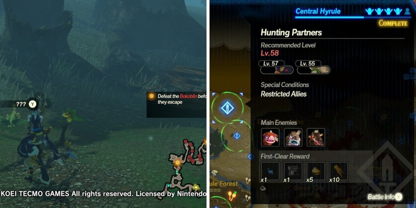 Legend of Zelda Hyrule Warriors Age of Calamity - Split image of Hunting Partners Quest