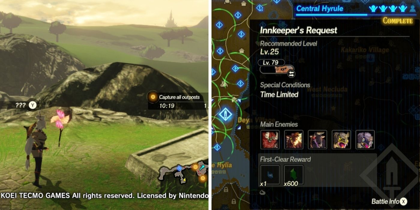Legend of Zelda Hyrule Warriors Age of Calamity - Split image of Innkeeper's Request Quest