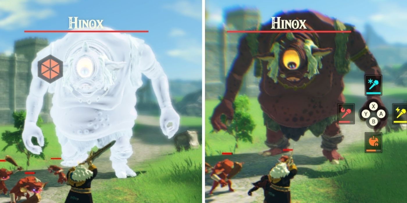 Legend of Zelda Hyrule Warriors Age of Calamity - Split image of King fighting Hinox