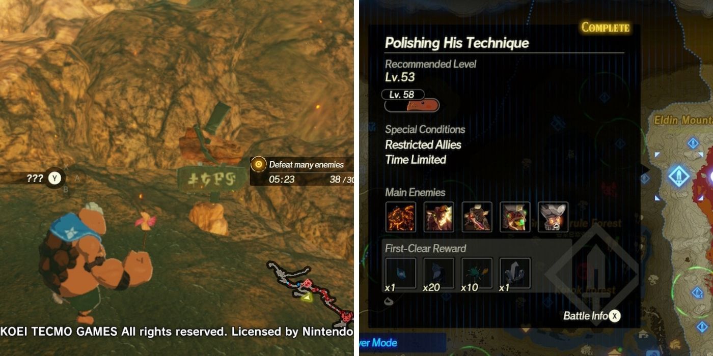 Legend of Zelda Hyrule Warriors Age of Calamity - Split image of Polishing His Technique Quest