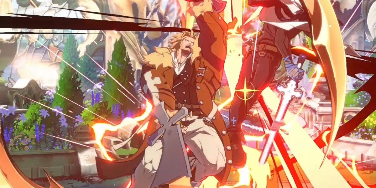 Leo Whitefang performing an Overdrive, creating a crescent moon shape out of his energy in Guilty Gear -Strive-