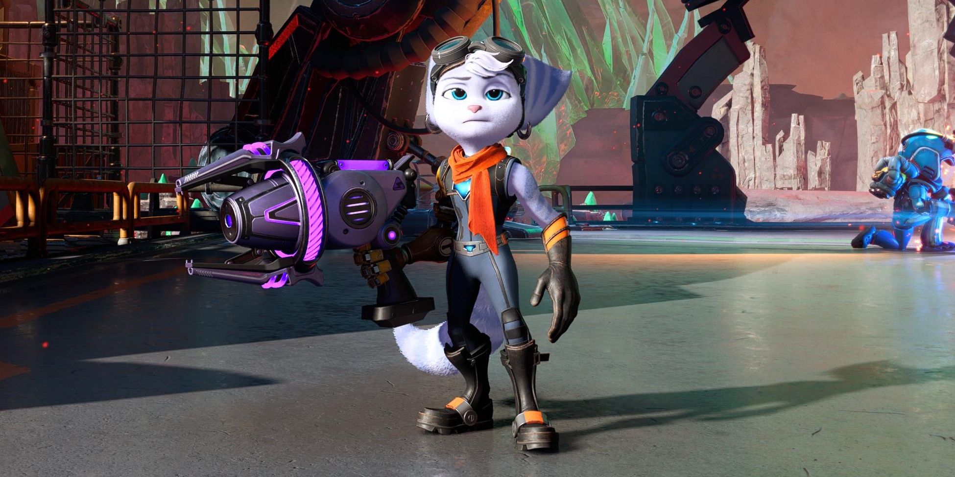 An unamused Rivet holding the Lightning Rod weapon in Ratchet and Clank: Rift Apart