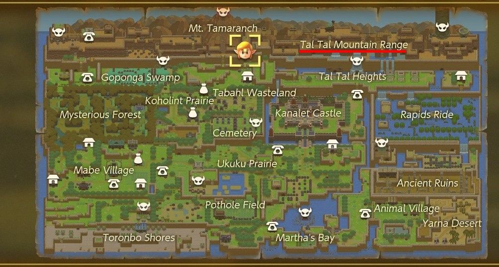 Link's Awaking Map with Tal Tal Mountain Range highlighted
