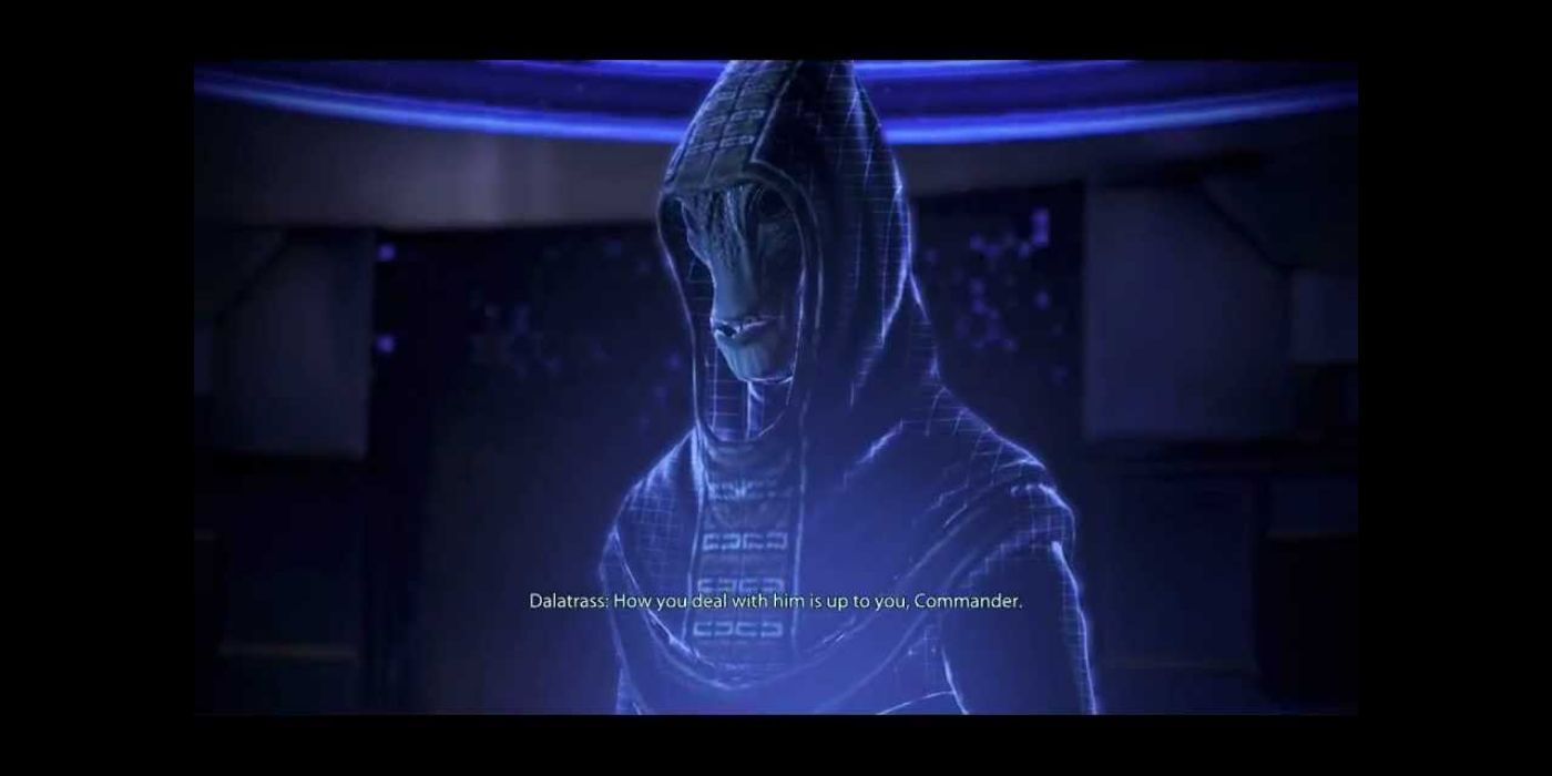 The salarian dalatrass, as a projection, offers Shepard aid if they sabotage the genophage cure