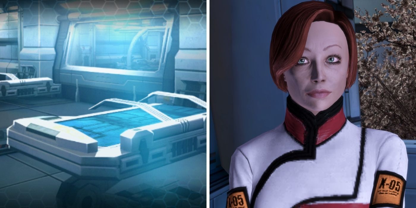 Mass Effect 1 Split Image of Dr. Michel on right and med bay on left