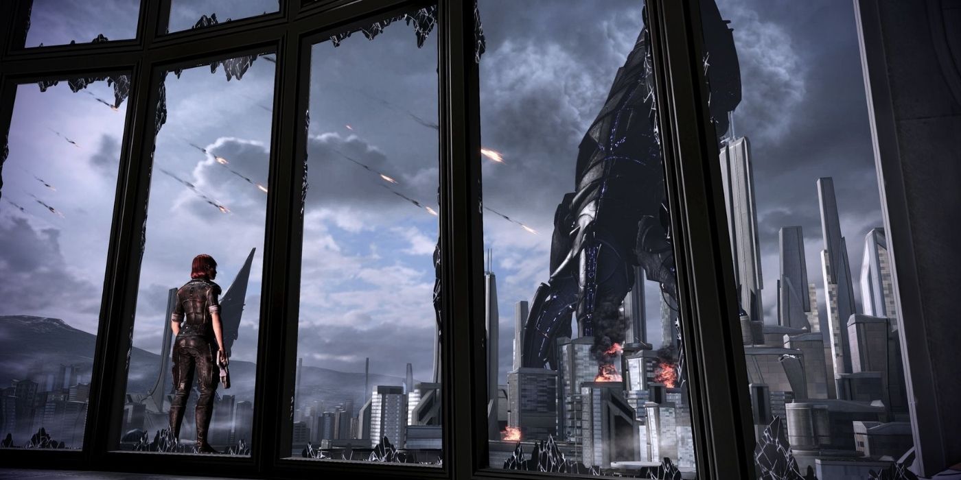Mass Effect 3 - FemShep looking over the city as a Reaper lands on Earth
