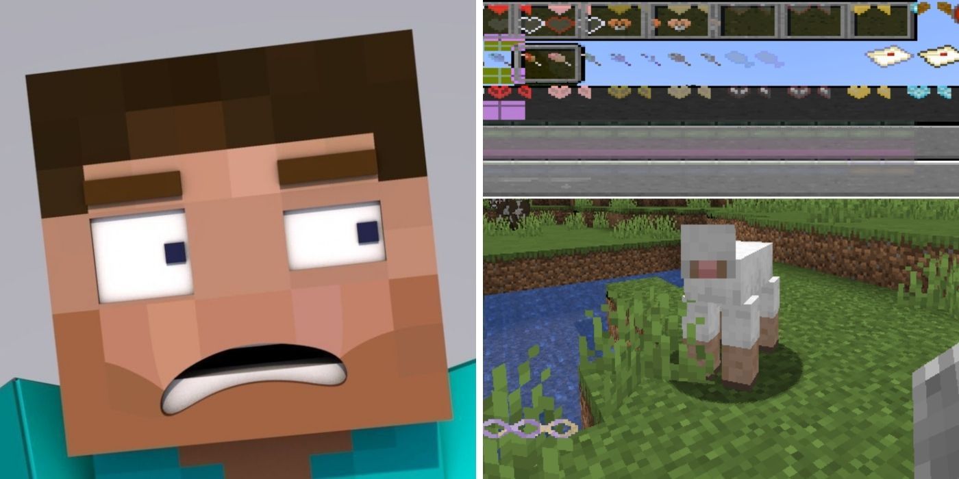 Minecraft 6 Common Bugs And How To Fix Them - Split Feature Image showing Minecraft protagonist Steve with a shocked expression on left and a glitched Minecraft screenshot on right