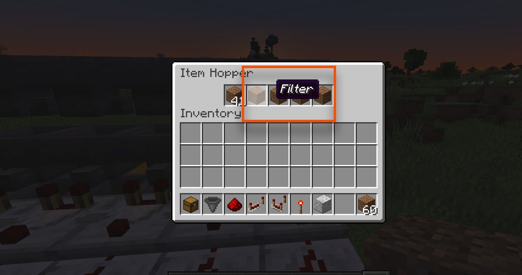 hopper menu with items filtering for Minecraft Auto-Sorter