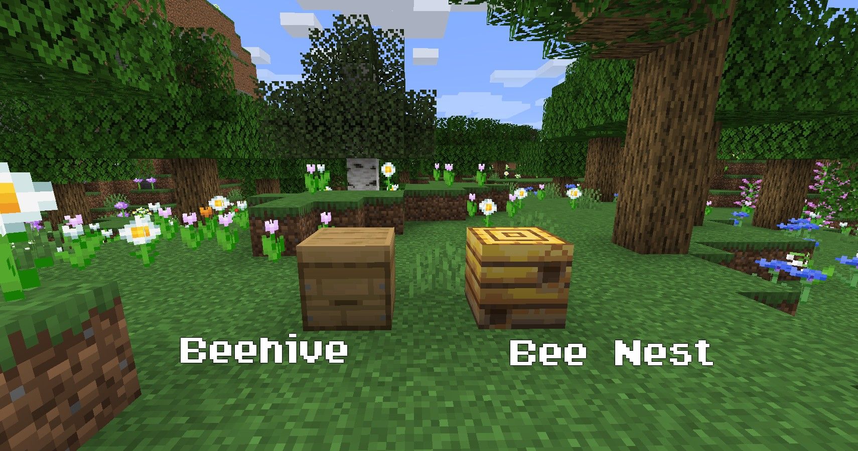 Minecraft bee nest and beehive together, showing difference between both materials