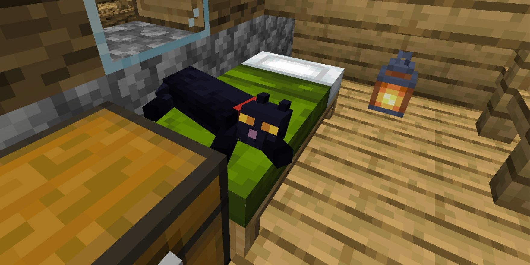A black cat laying on a bed in Minecraft