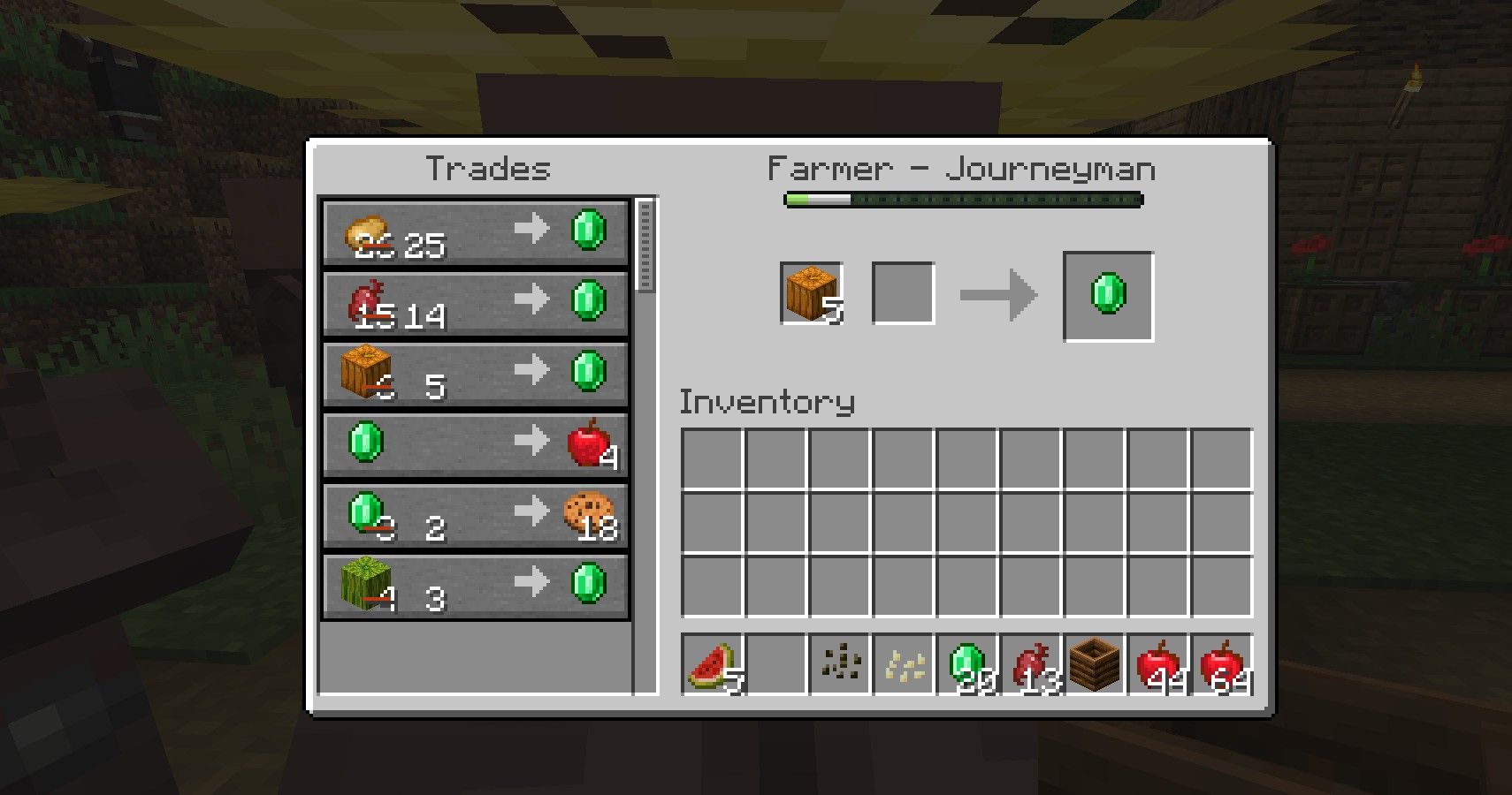 trading menu for minecraft farming villager with pumpkin and melon accepted