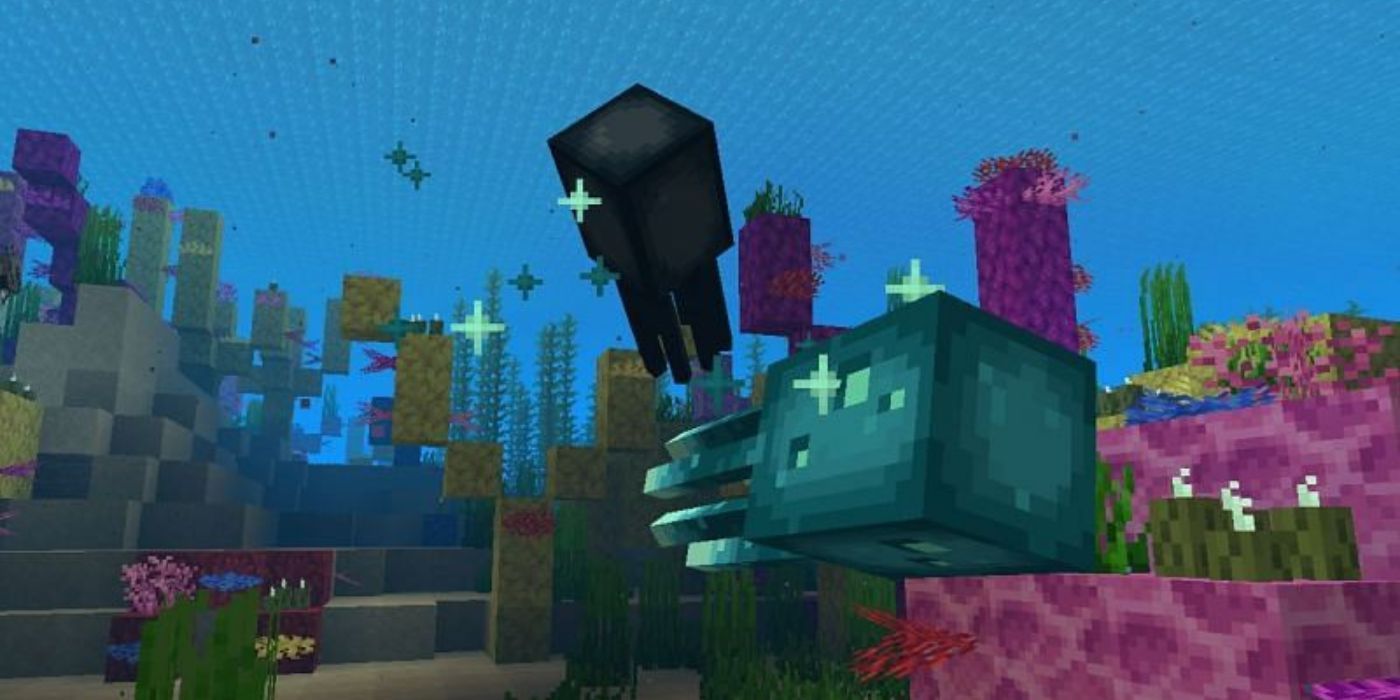 Minecraft Glow Squid And Regular Squid swimming underwater