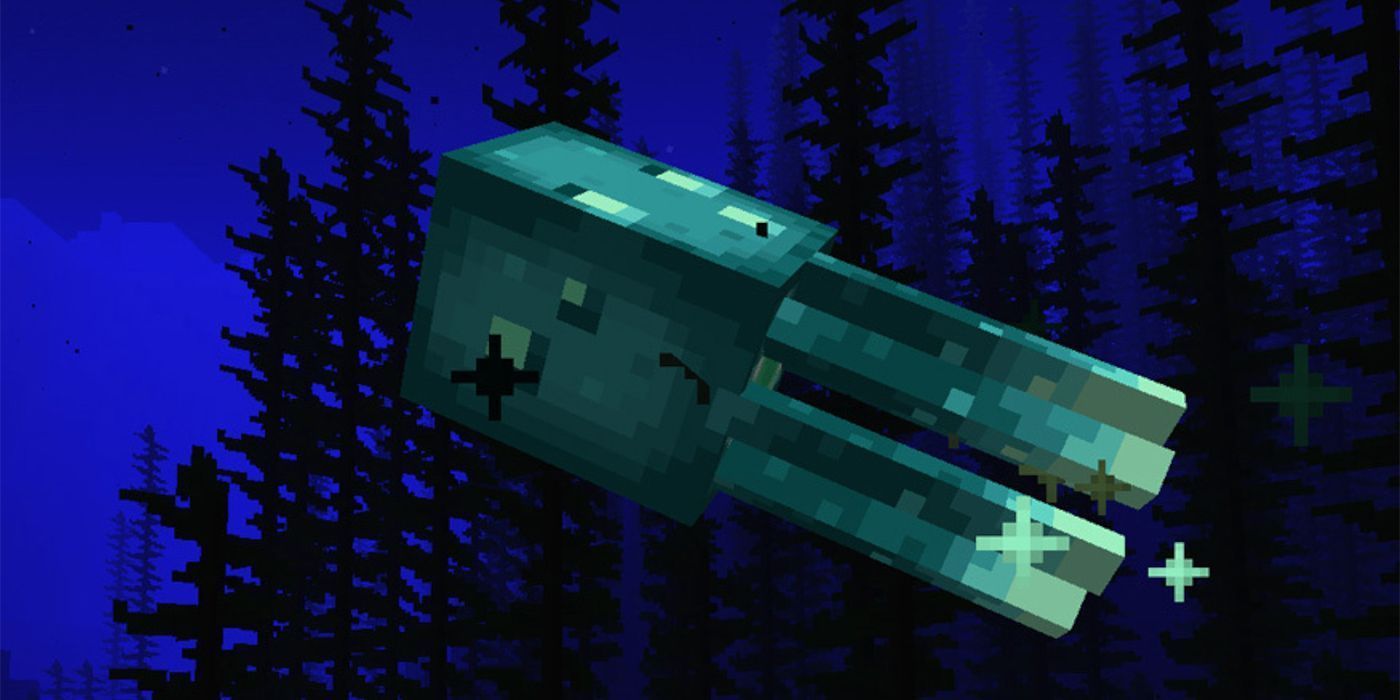 Minecraft Glow Squid swimming in dark water