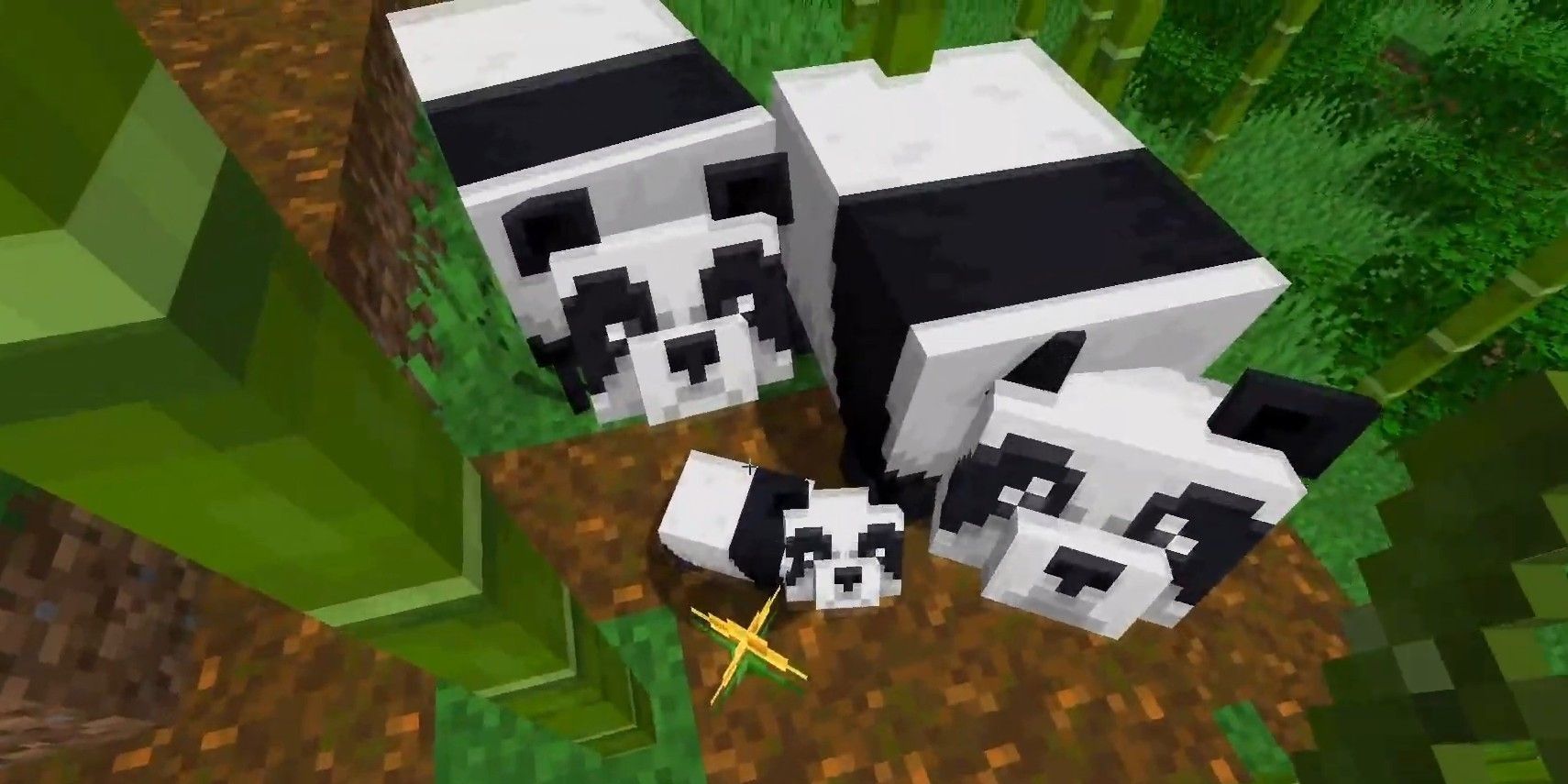 Two adult pandas and their baby in Minecraft