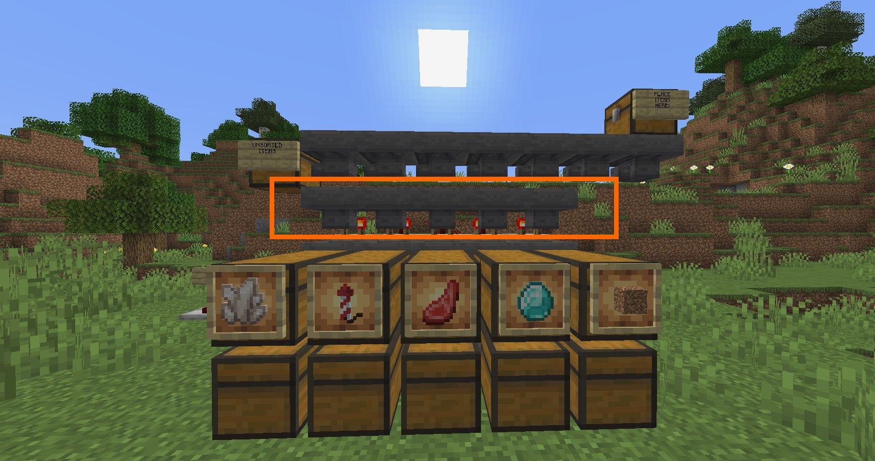 minecraft auto sorter hoppers highlighted to create filter