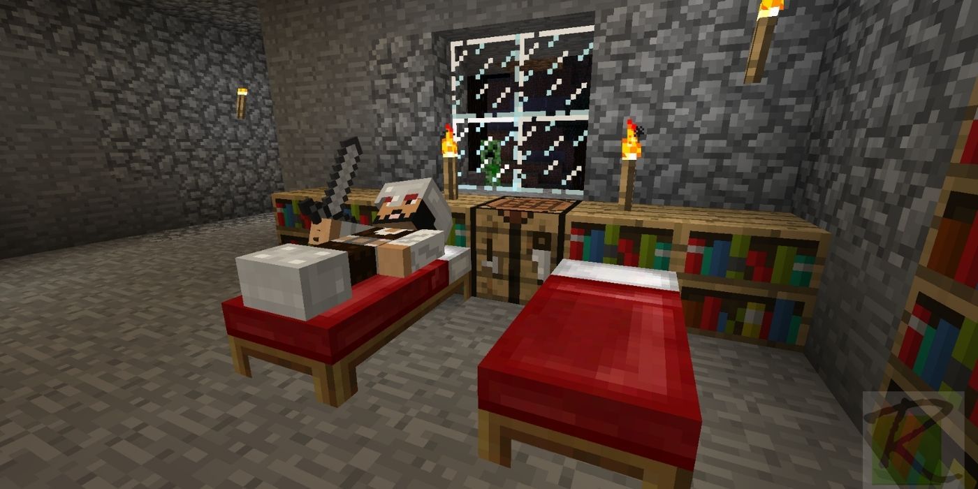 Minecraft character sleeping in a red bed while a creeper looks through the window