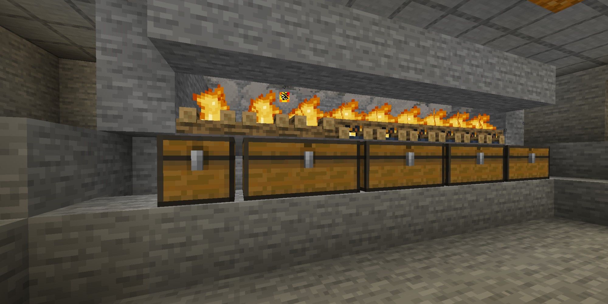 minecraft chests on row in front of campfires
