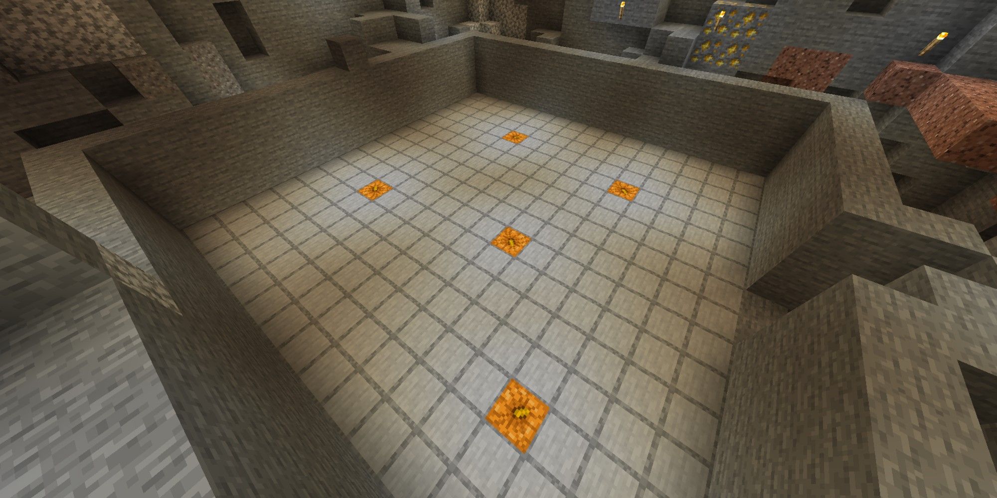 Minecraft slabs flooring complete with jack o lanterns for light source