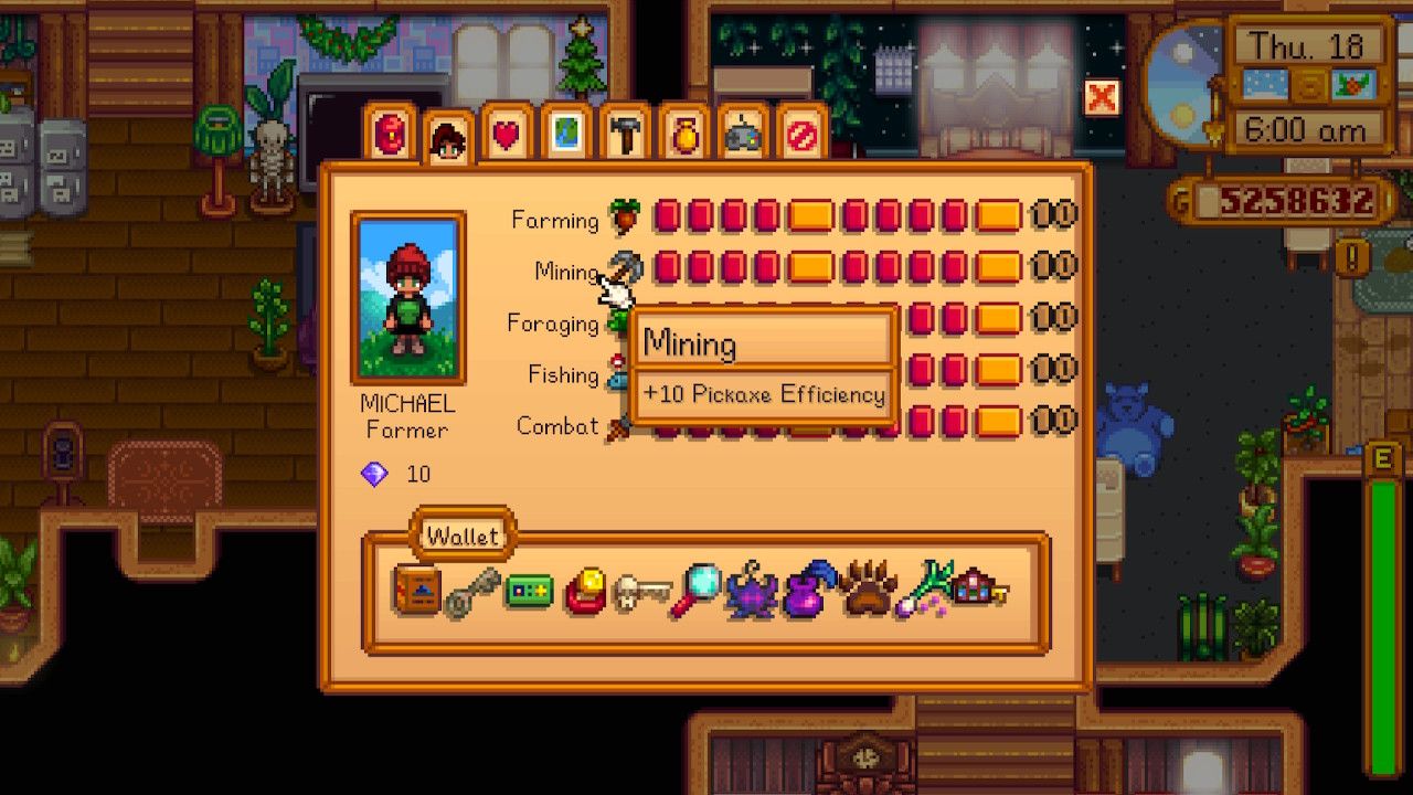 stardew valley skill menu with the mining skill selected 