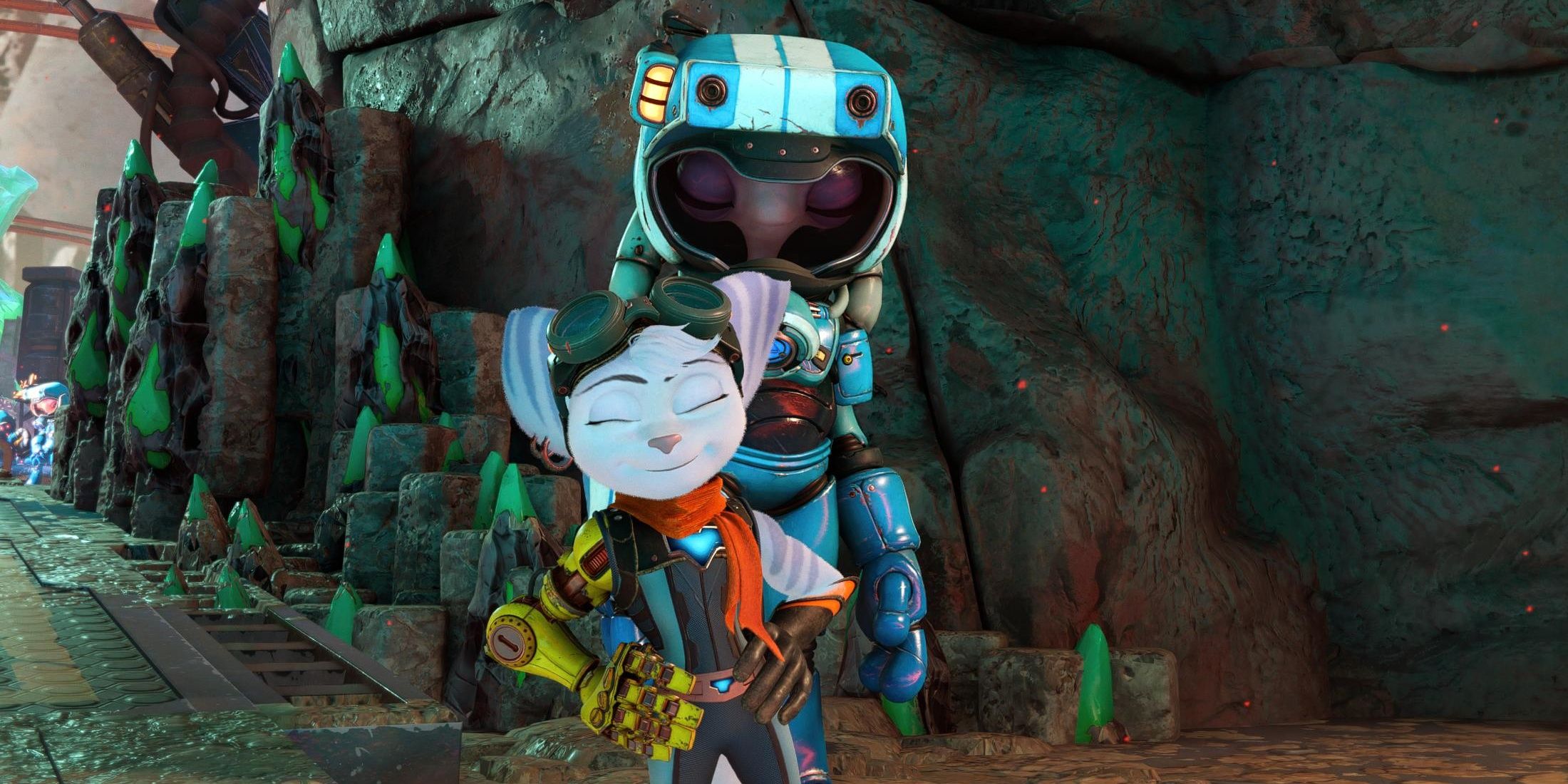 Rivet posing with an NPC in Ratchet and Clank: Rift Apart