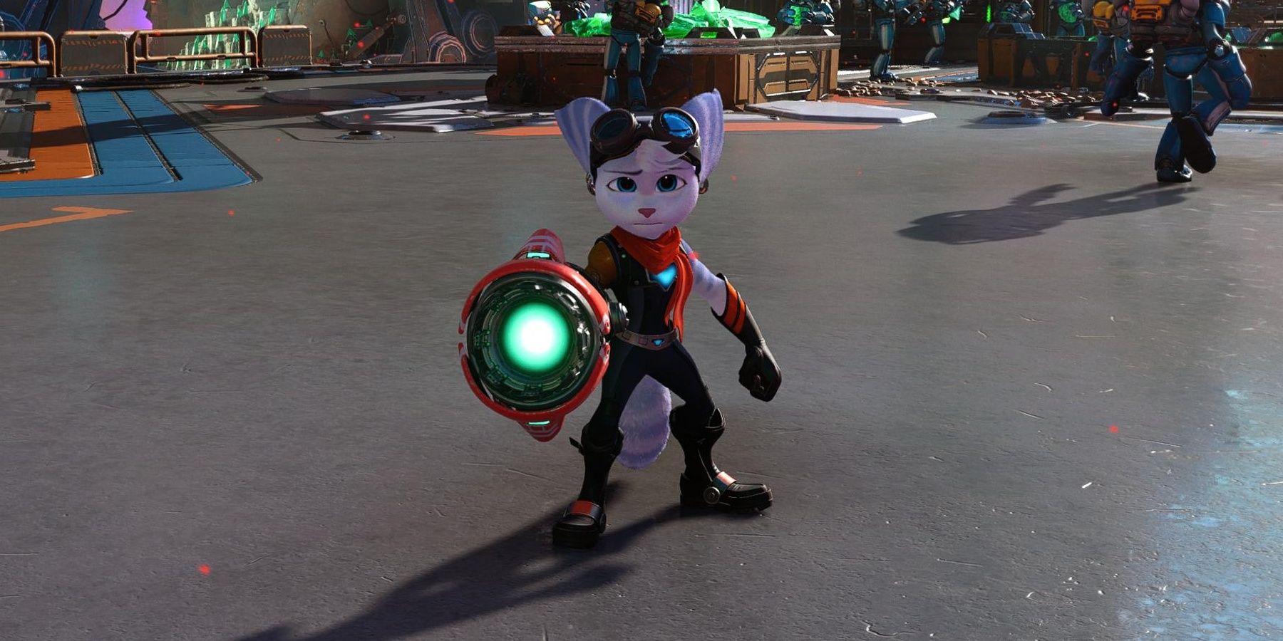 Rivet holding the Negatron Collider weapon in Ratchet and Clank: Rift Apart