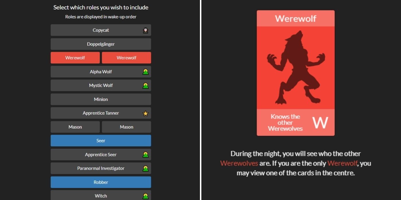 The setup screen and a player learning that they are a werewolf in One Night Ultimate Werewolf on Netgames.io.