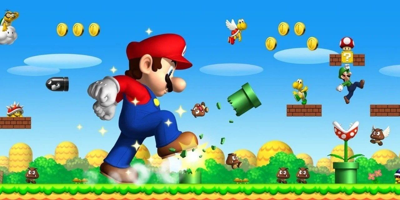 Mario using the Mega Mushroom in New Super Mario Bros
