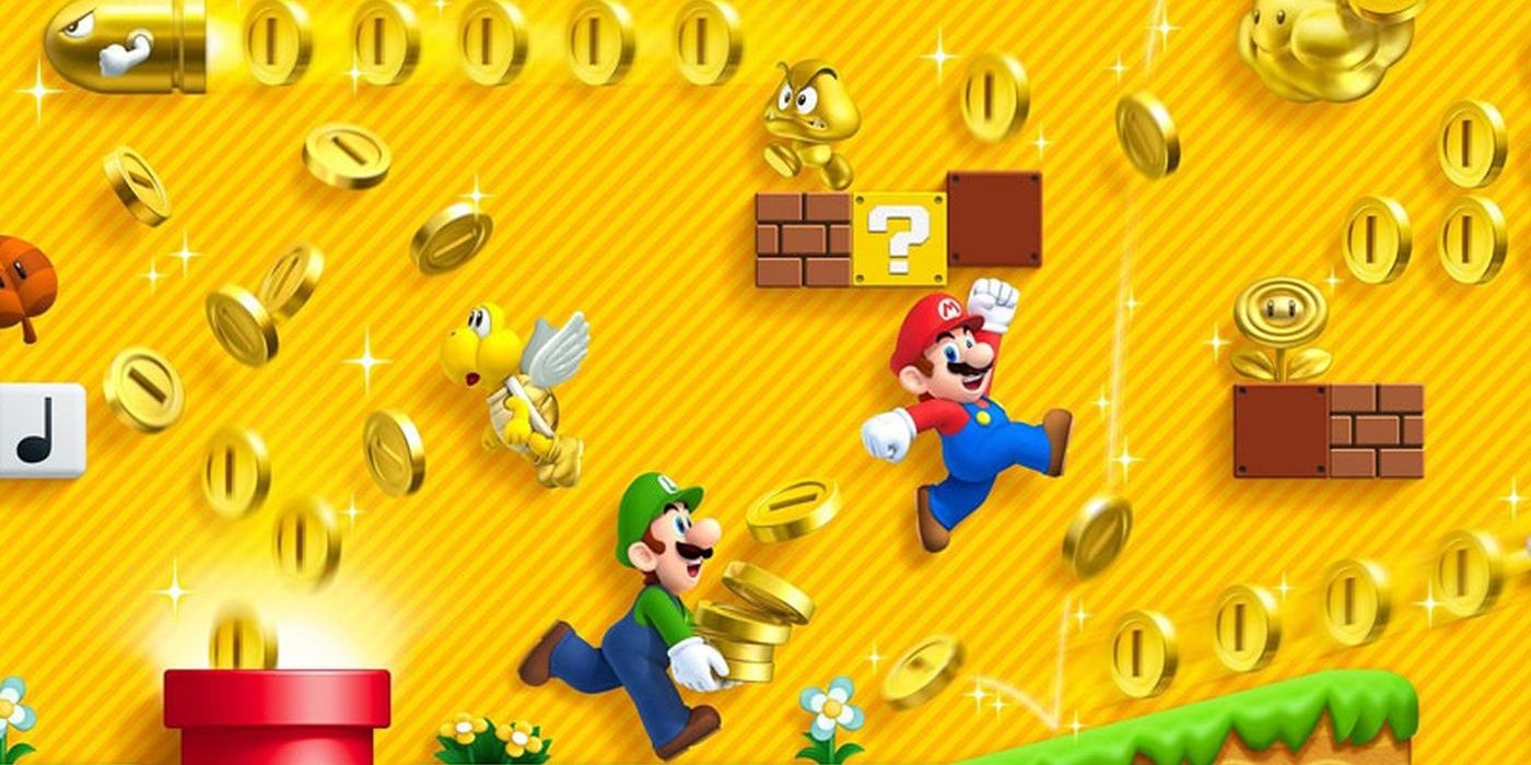 Promotional art for New Super Mario Bros 2 featuring Mario and Luigi collecting coins