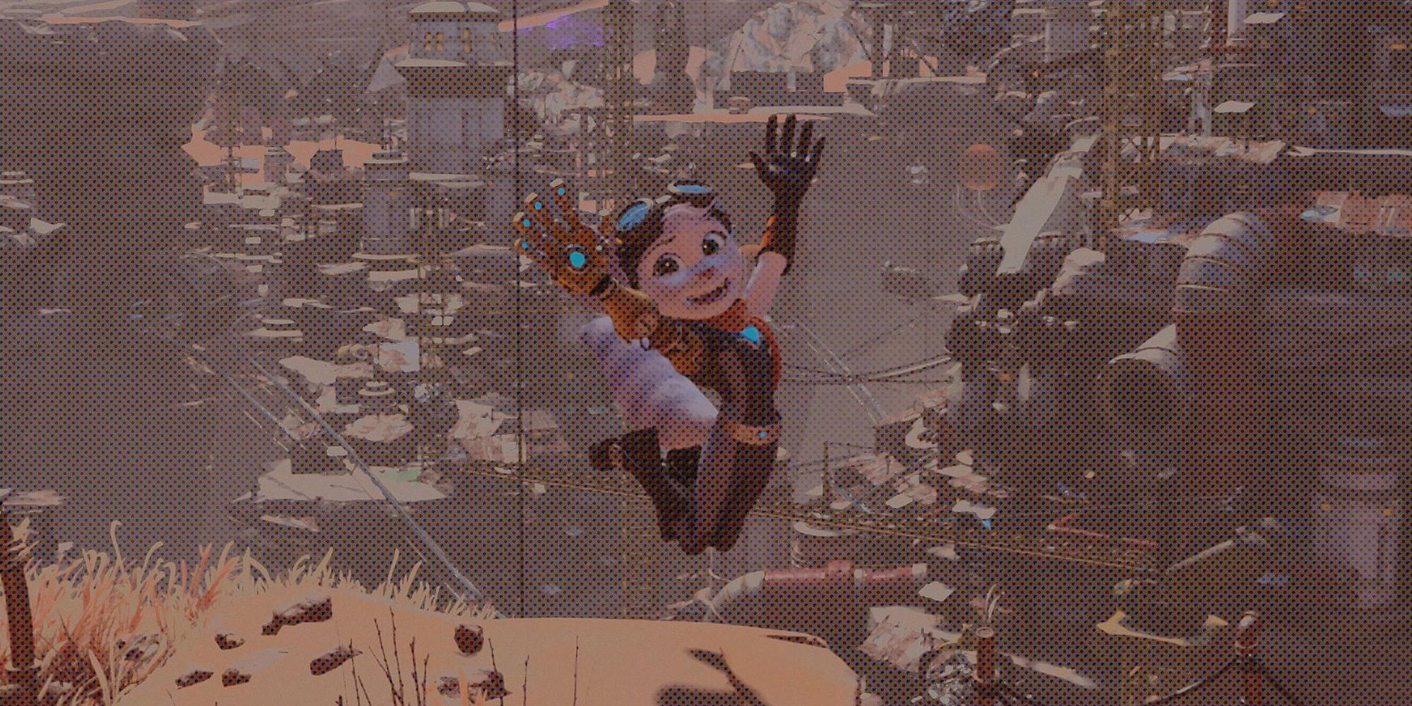 Rivet posing by jumping in the air with her arms up with the Newsprint filter applied in Ratchet and Clank: Rift Apart