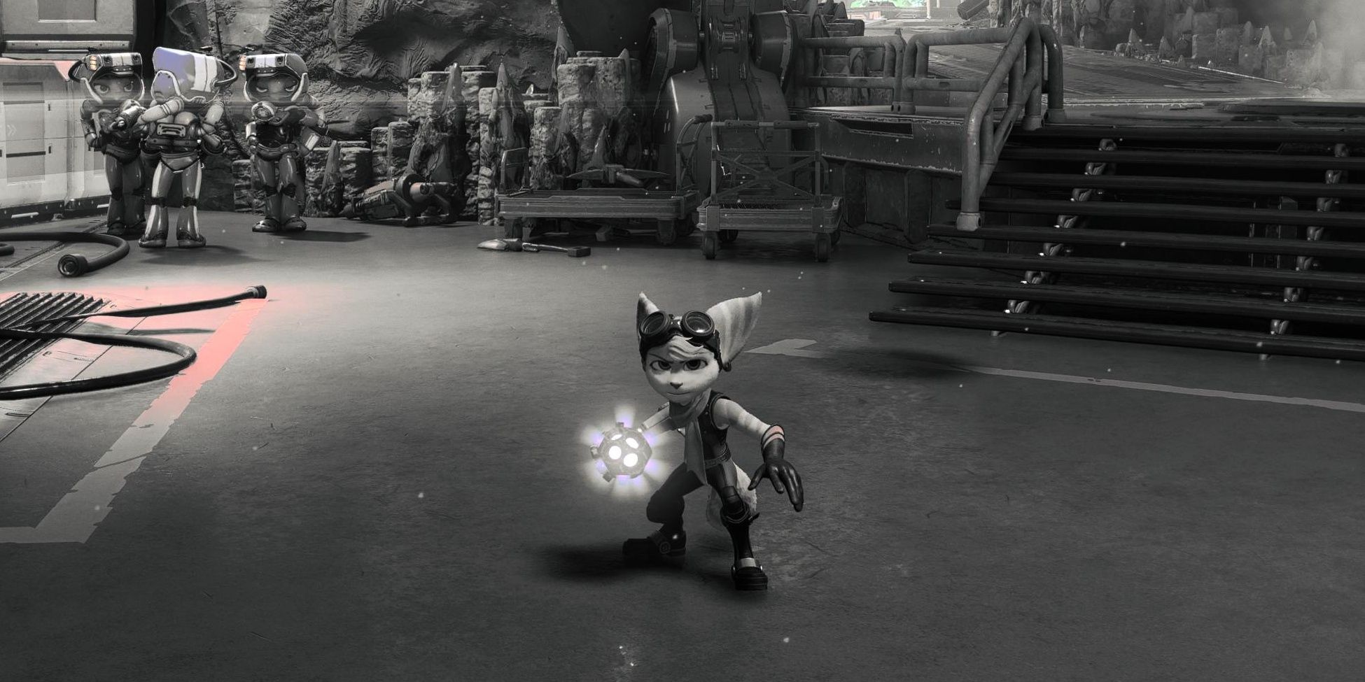 The Noir Filter in Ratchet and Clank: Rift Apart making the game Black and White