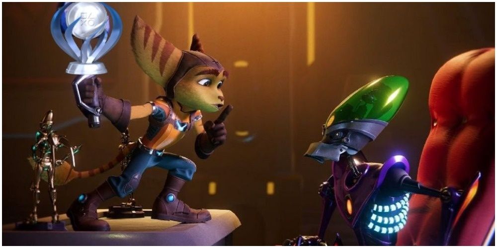 Ratchet and Clank: Rift Apart - Ratchet holding the Platinum Trophy while hushing Nefarious