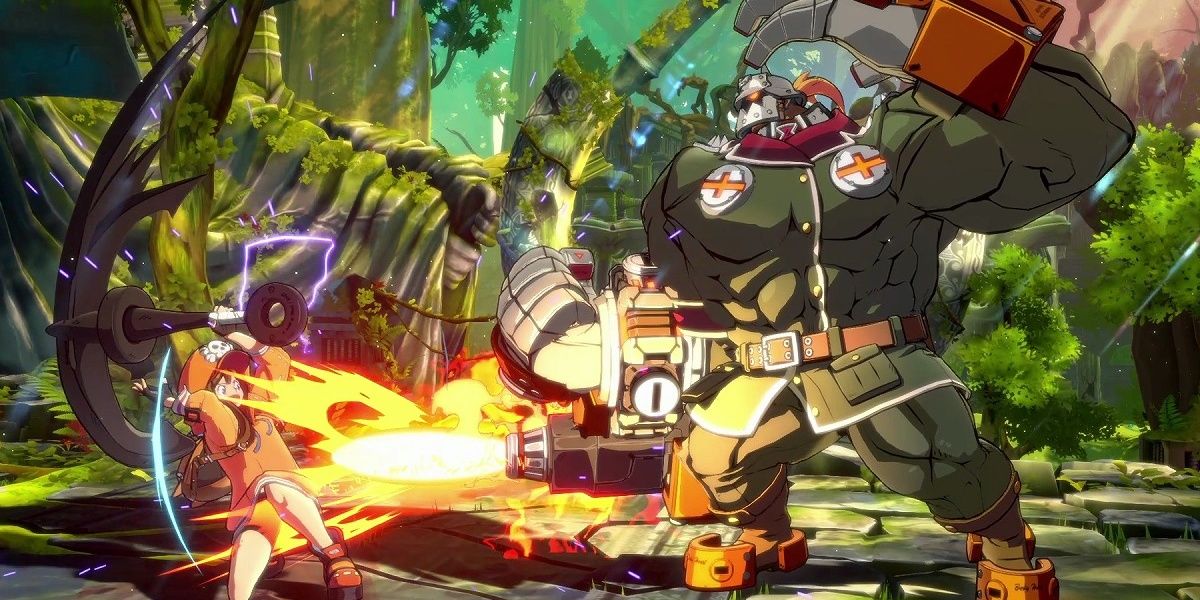 Potemkin using his flamethrower to set his opponent on fire in Guilty Gear -Strive-
