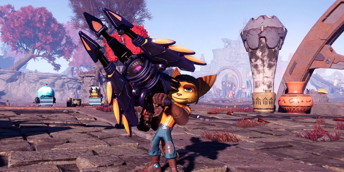 Ratchet holding the RYNO 8 weapon in Ratchet and Clank: Rift Apart