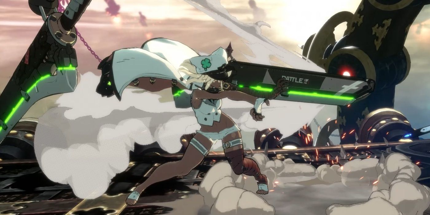 Ramlethal Valentine taking aim with one of her laser firing greatswords in Guilty Gear - Strive-