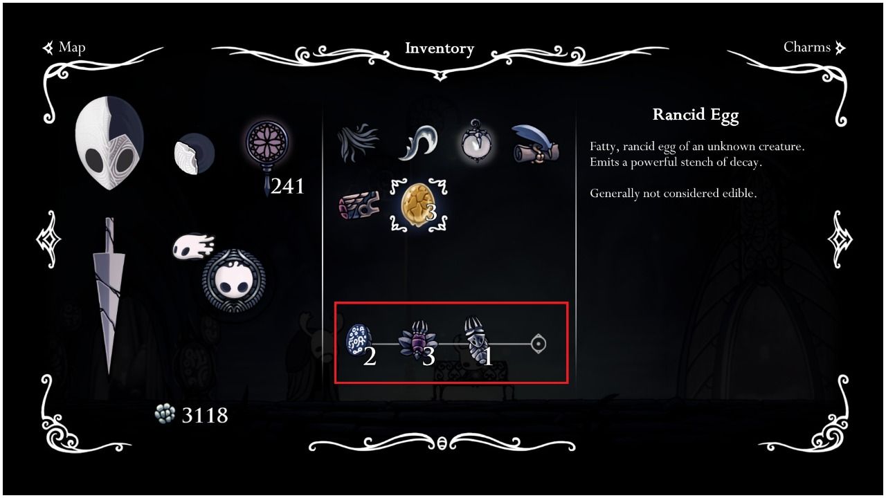the hollow knight inventory screen with the cursor set on a rancid egg 