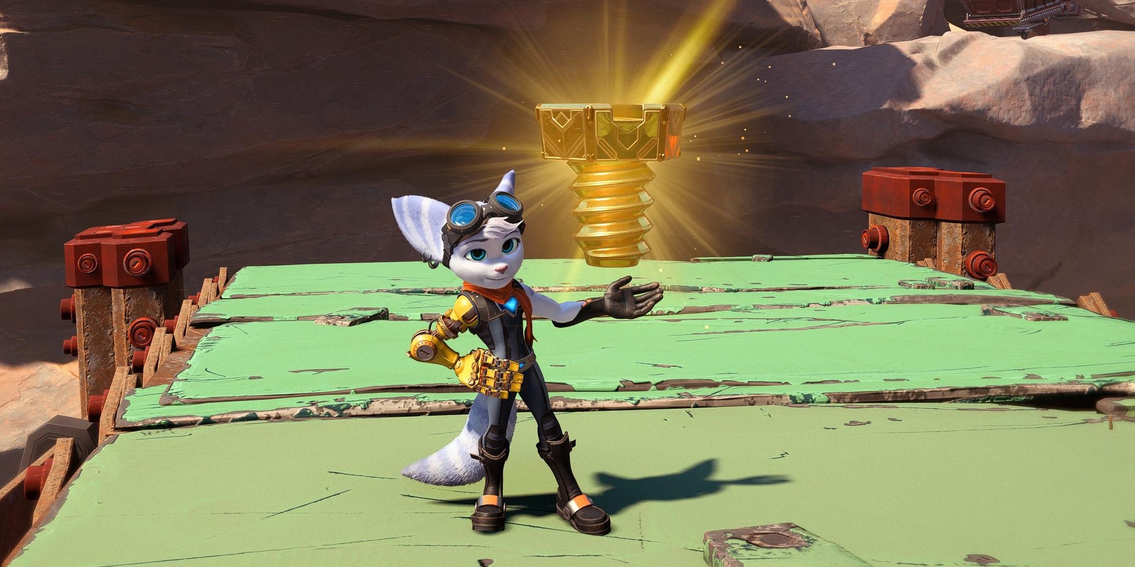 Rivet posing in front of a Gold Bolt in Ratchet and Clank: Rift Apart