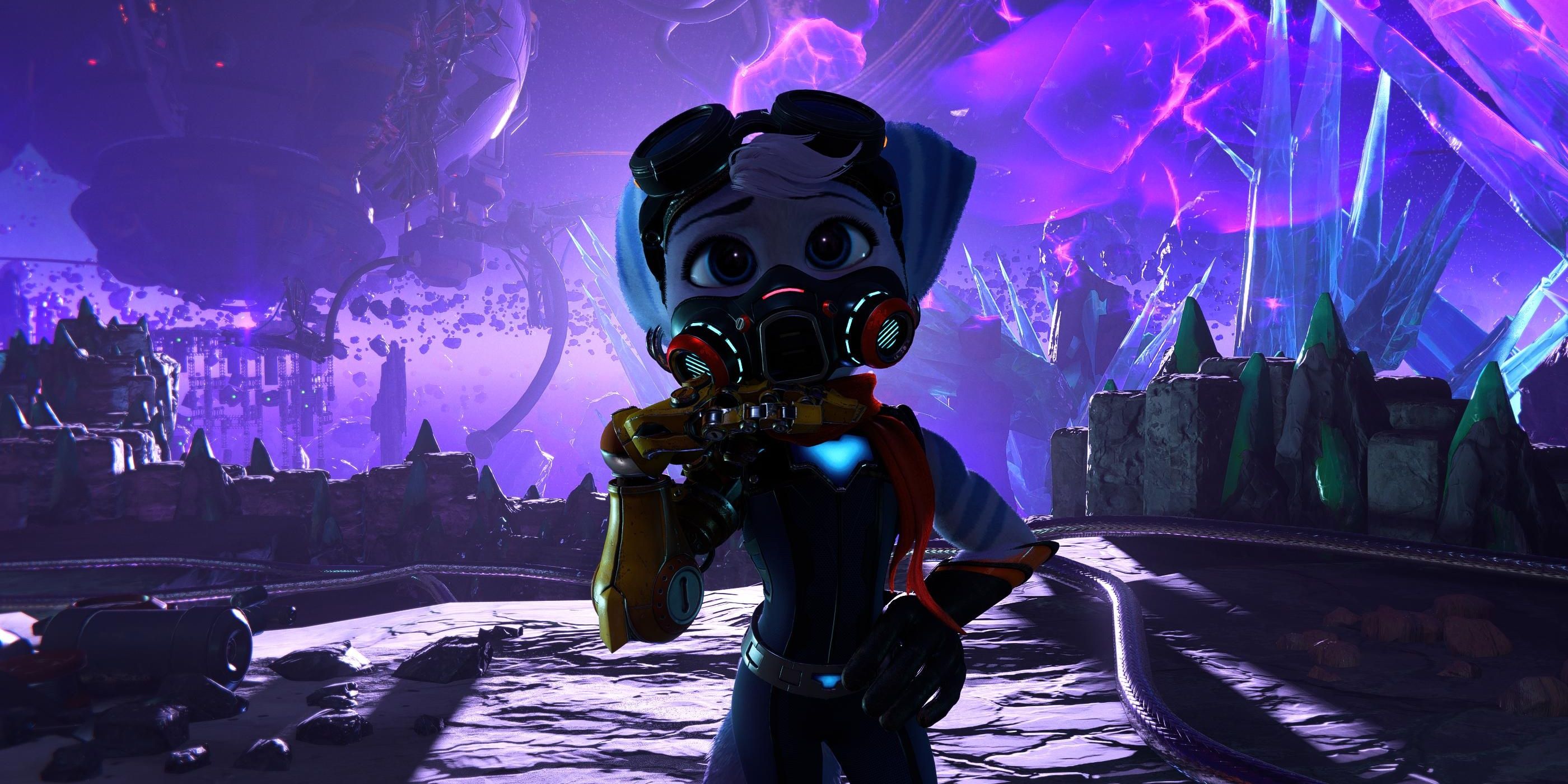 Rivet posing in front of a gorgeous purple sky in Ratchet and Clank: Rift Apart
