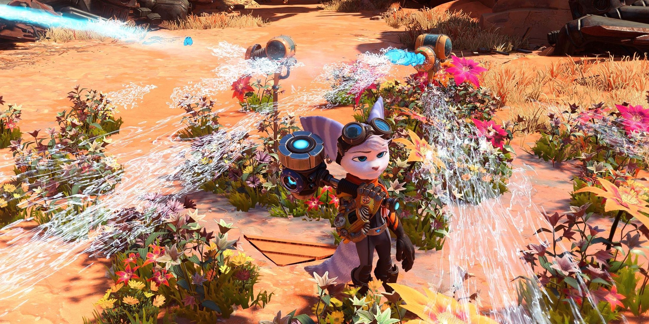 Rivet posing in front of two Topiary Sprinklers, full upgraded, in Ratchet and Clank: Rift Apart