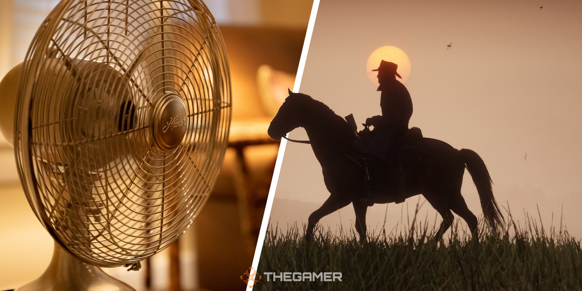 a desk fan and a silhoutte of a man riding a horse