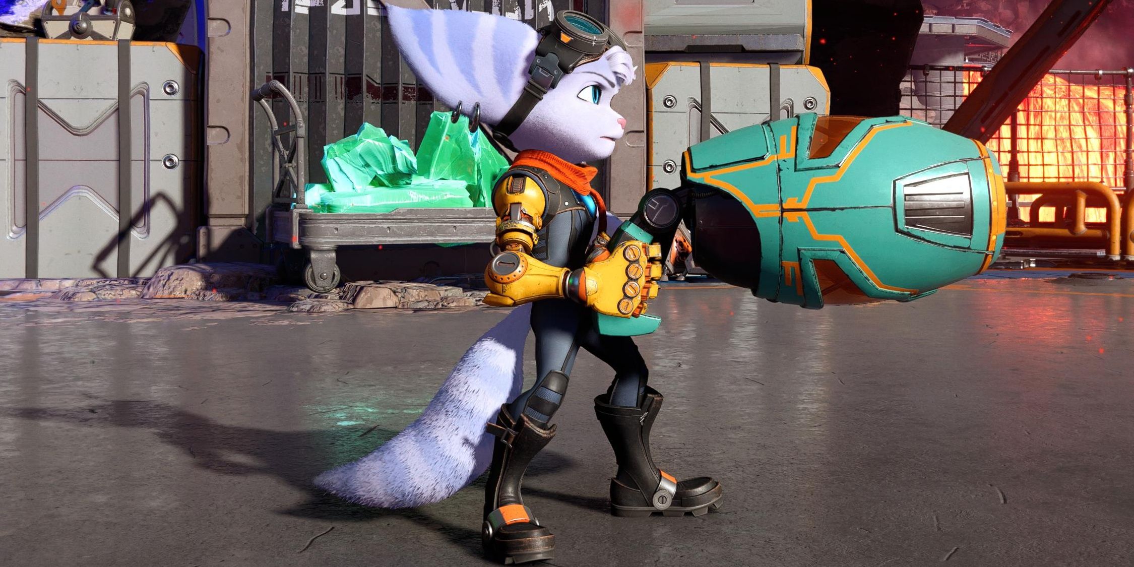 Rivet standing and pointing the Ricochet weapon in Ratchet and Clank: Rift Apart