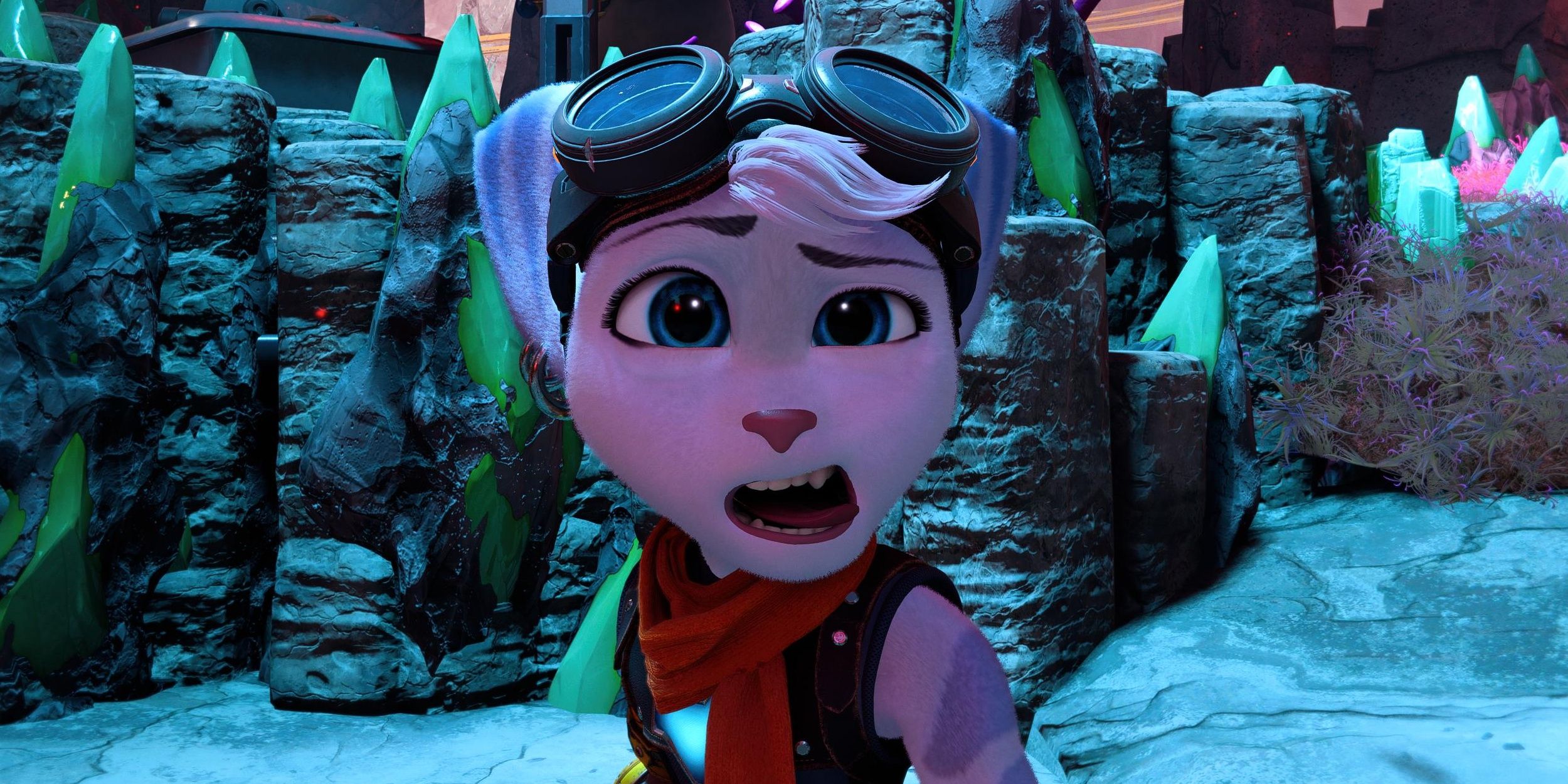 Rivet making a silly face at the camera in Ratchet and Clank: Rift Apart