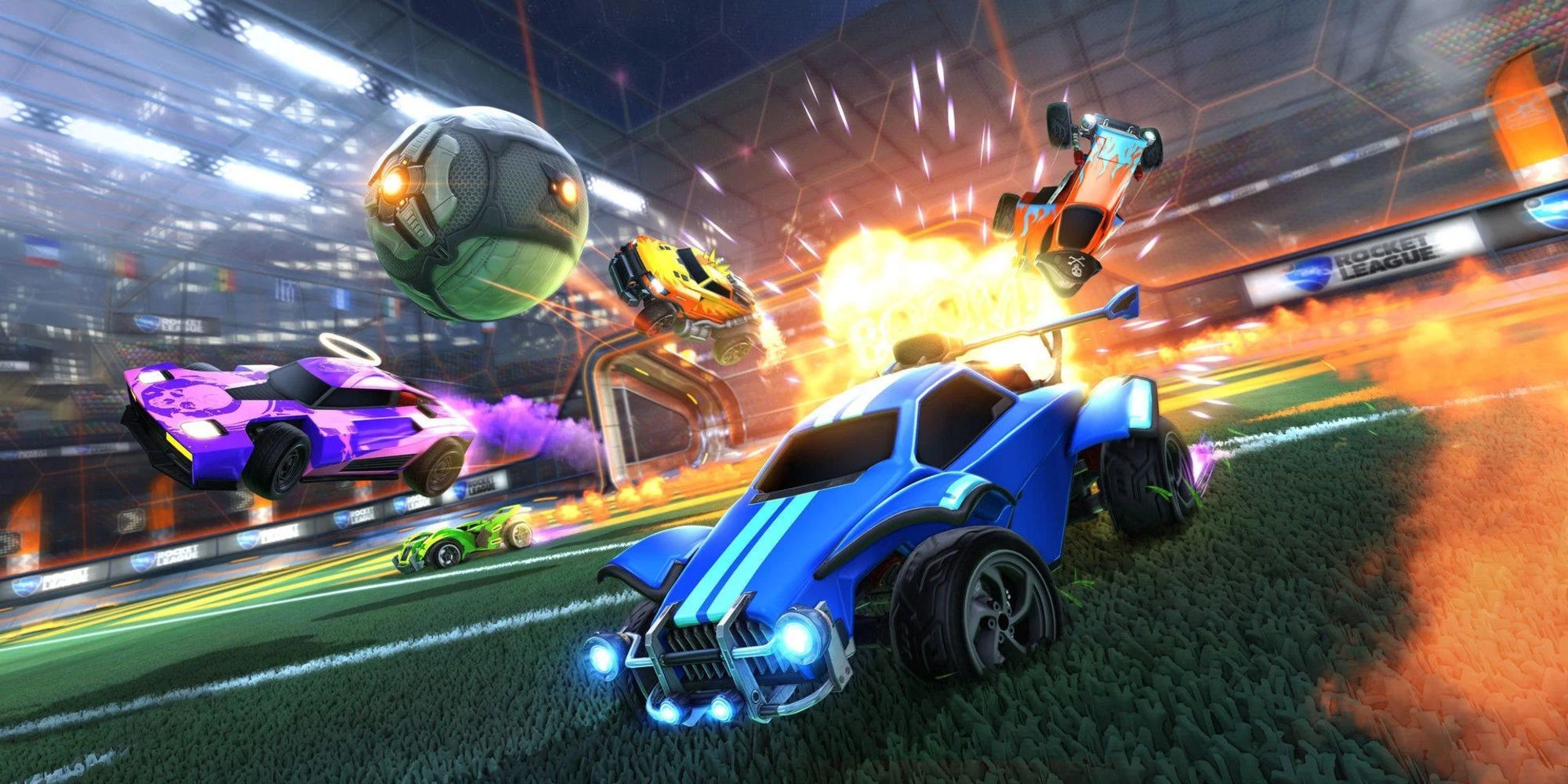 A blue and purple car chase after the ball while other cars explode in the background.